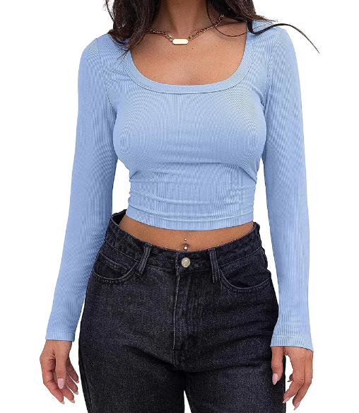 Ribbed Long Sleeve Square Neck Crop Top