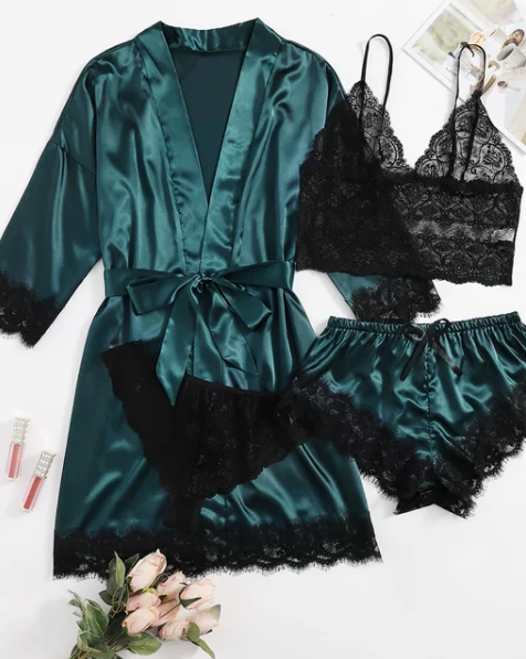 Satin Four Piece Pyjamas Set With Night Gown