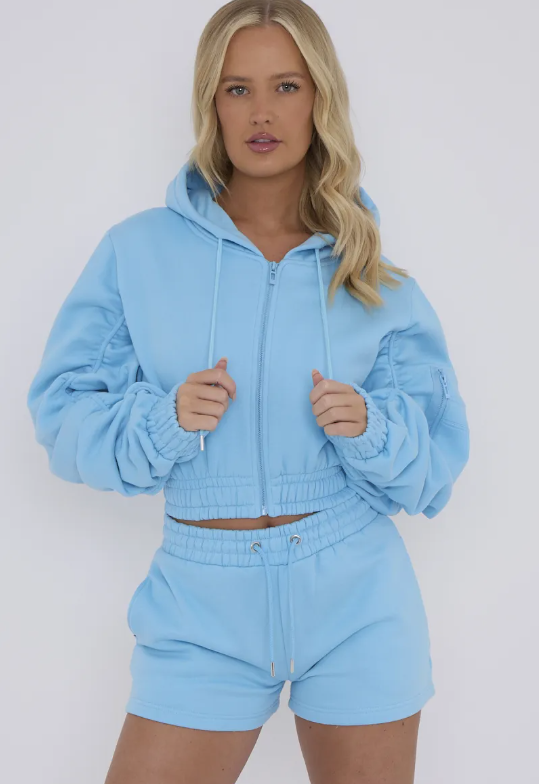 Cropped Zip Up Ruched Sleeve Hoodie & Shorts Fleece Co-ord