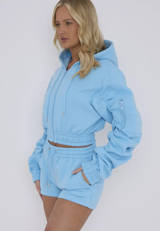 Cropped Zip Up Ruched Sleeve Hoodie & Shorts Fleece Co-ord