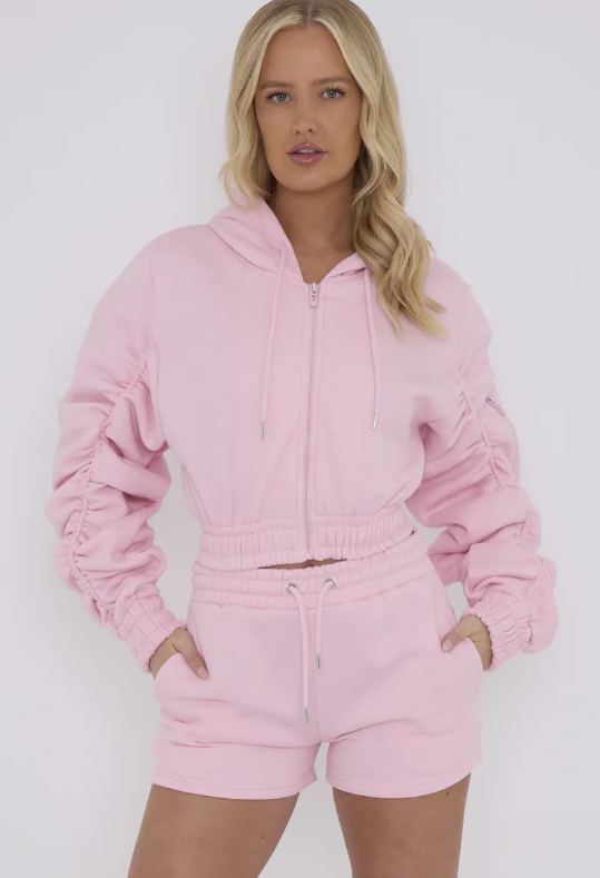 Cropped Zip Up Ruched Sleeve Hoodie & Shorts Fleece Co-ord