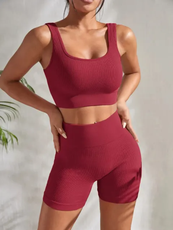 Ribbed Two Piece Gym Crop Top And High Waist Shorts Set