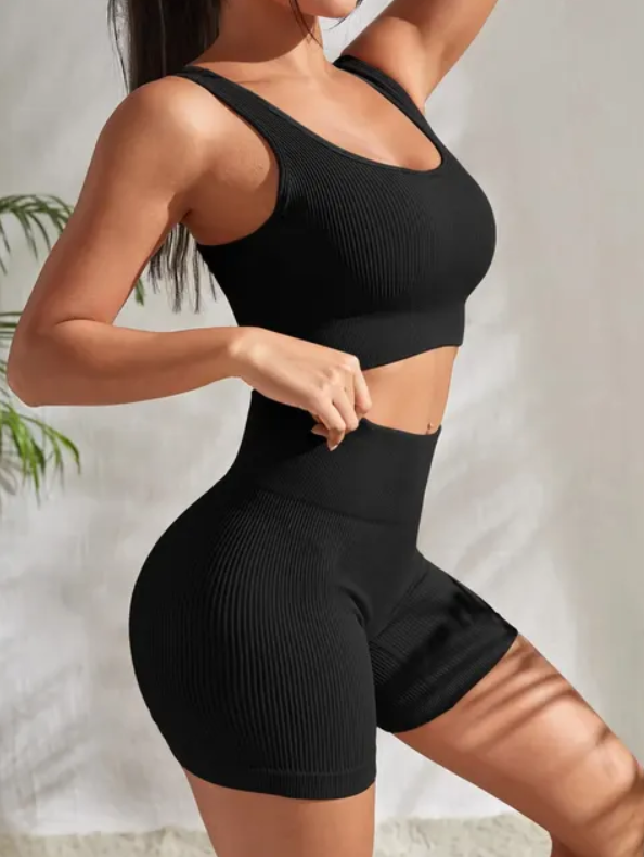 Ribbed Two Piece Gym Crop Top And High Waist Shorts Set