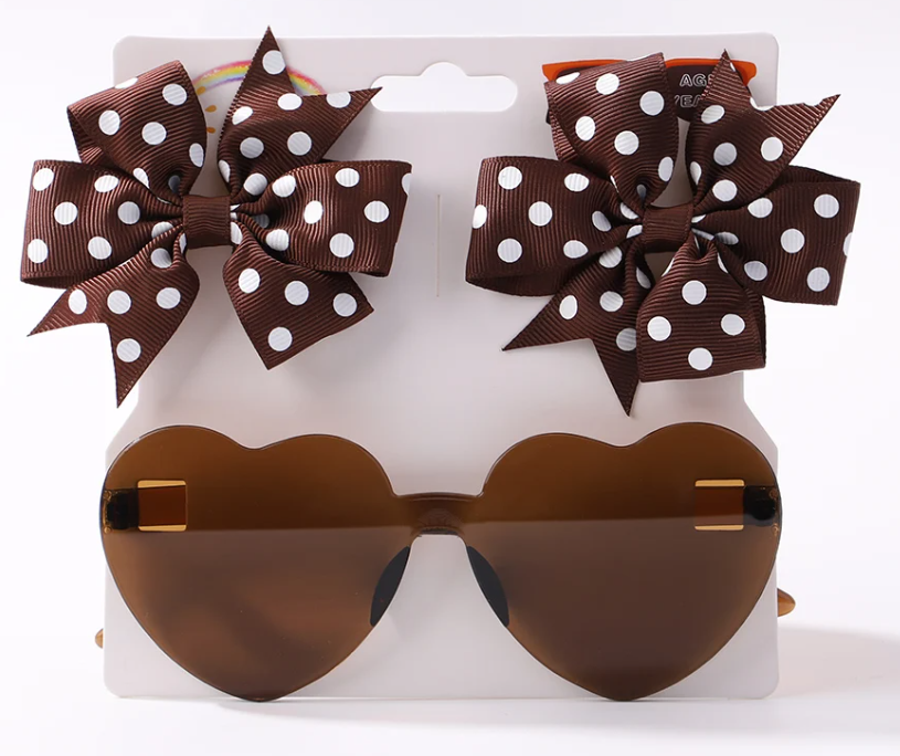 3 Piece Set - Polka Dot Hair Bows With Heart Shaped Sun Glasses