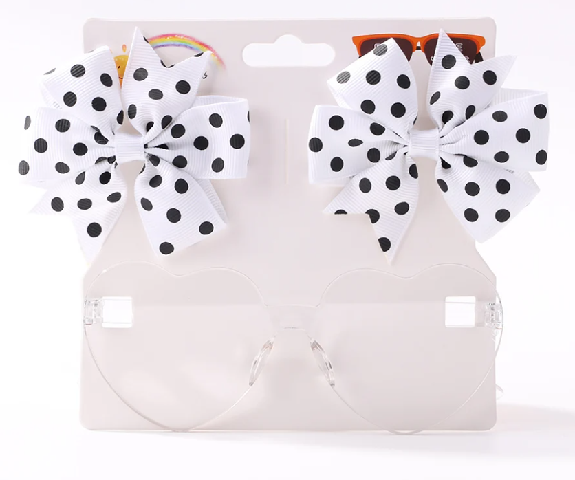 3 Piece Set - Polka Dot Hair Bows With Heart Shaped Sun Glasses