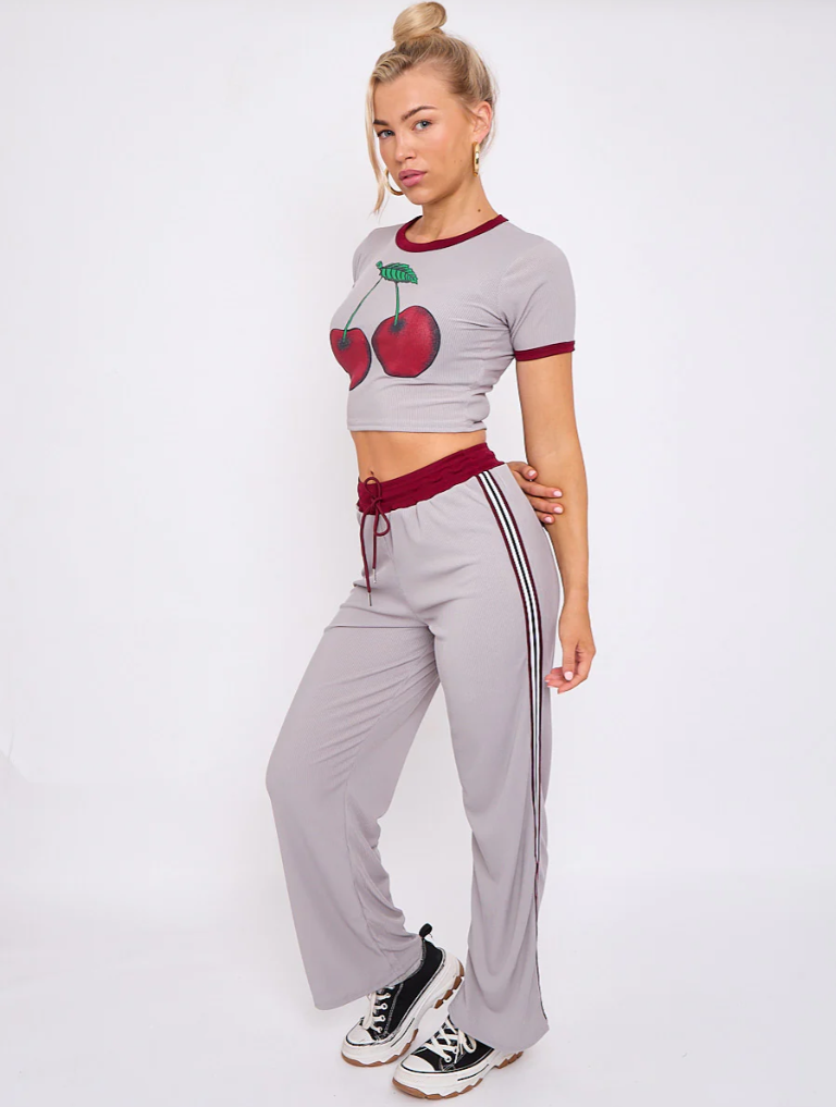 Cherry Graphic Ribbed Crop Top & Wide Leg Trouser Co-ord