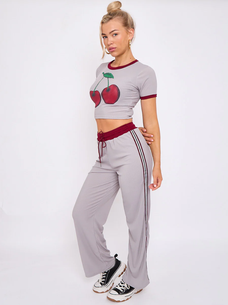 Cherry Graphic Ribbed Crop Top & Wide Leg Trouser Co-ord