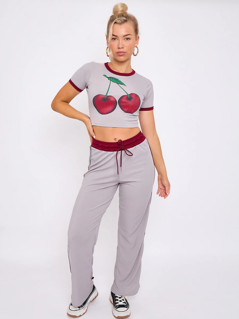 Cherry Graphic Ribbed Crop Top & Wide Leg Trouser Co-ord