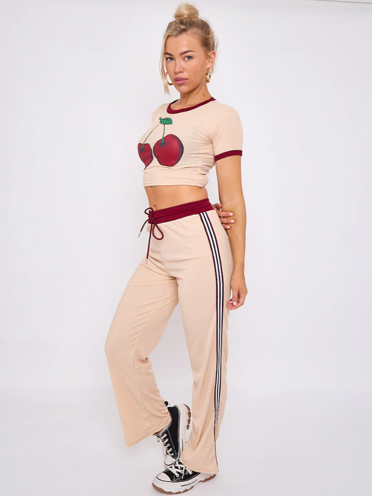 Cherry Graphic Ribbed Crop Top & Wide Leg Trouser Co-ord