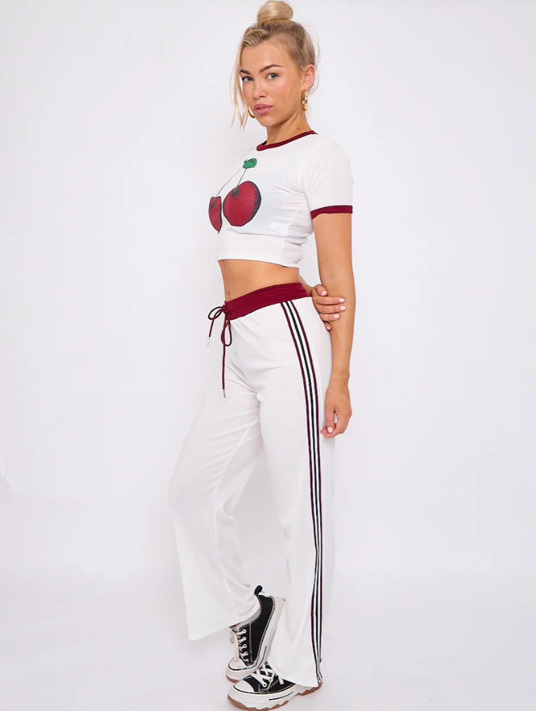 Cherry Graphic Ribbed Crop Top & Wide Leg Trouser Co-ord