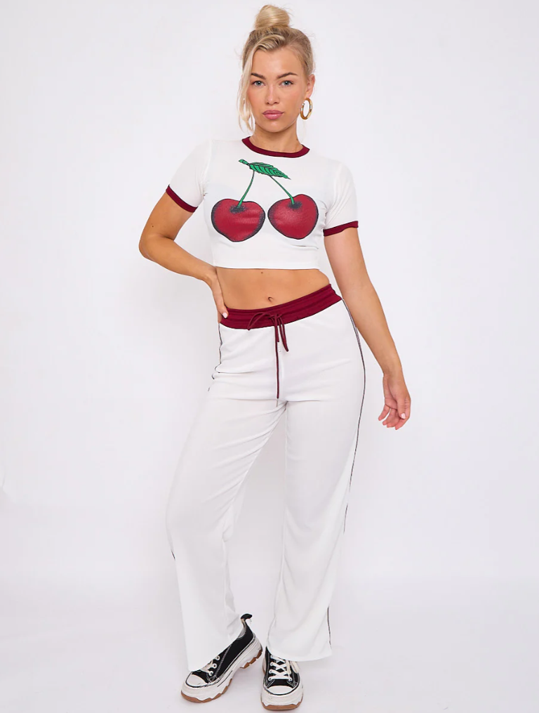 Cherry Graphic Ribbed Crop Top & Wide Leg Trouser Co-ord