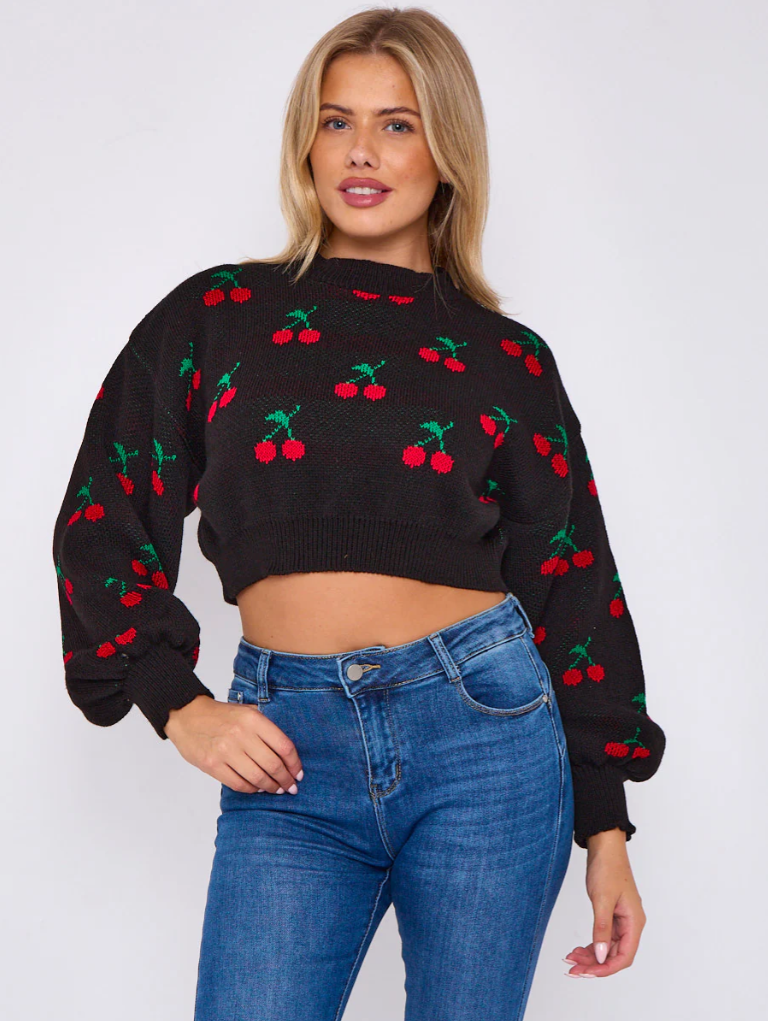 Cherry Detail Oversized Cropped Knitted Jumper