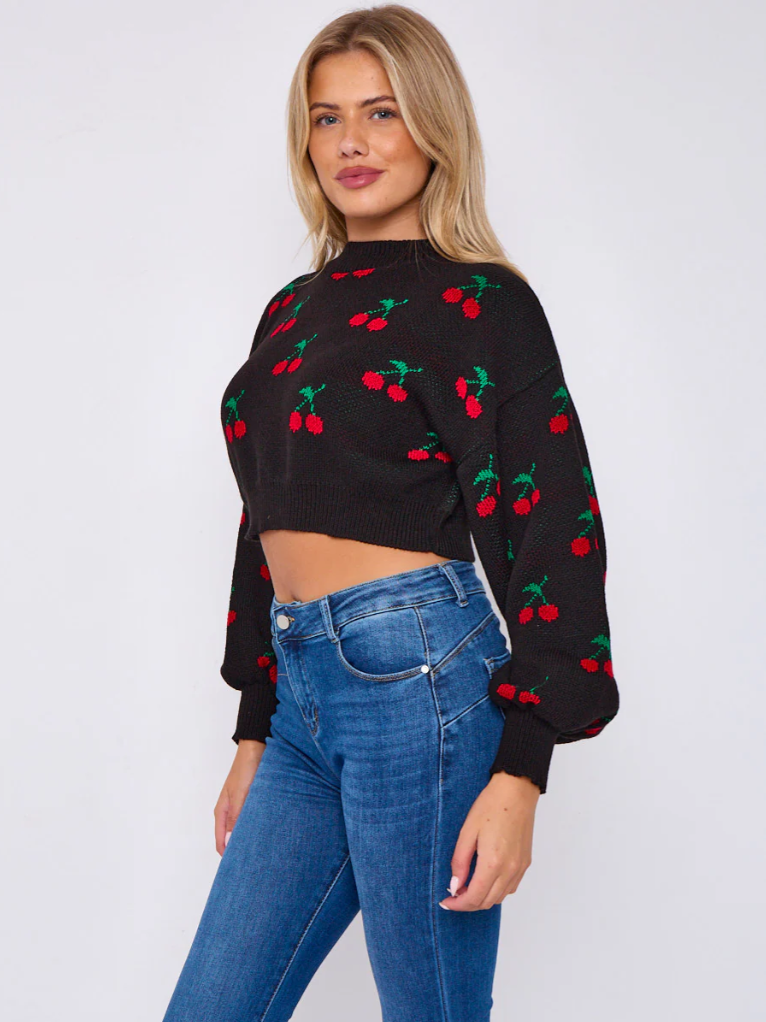 Cherry Detail Oversized Cropped Knitted Jumper