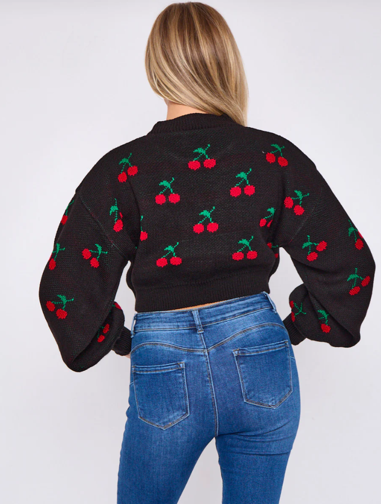 Cherry Detail Oversized Cropped Knitted Jumper