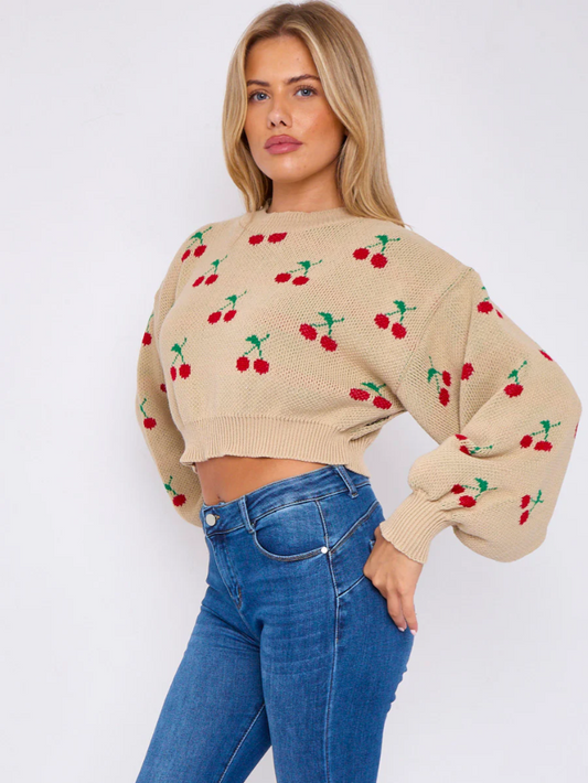 Cherry Detail Oversized Cropped Knitted Jumper