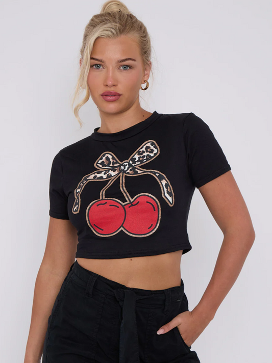 Bow Cherry Graphic Printed Crop Top