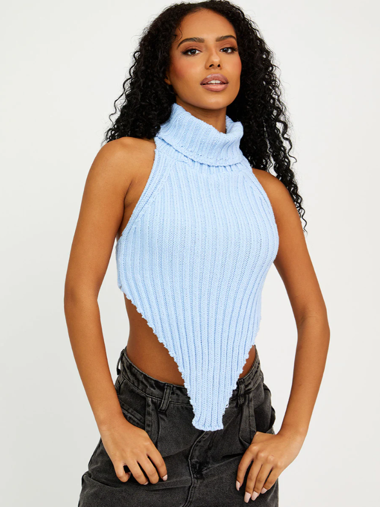 Halter Roll Neck Asymmetric Hem Knitted Crop Top