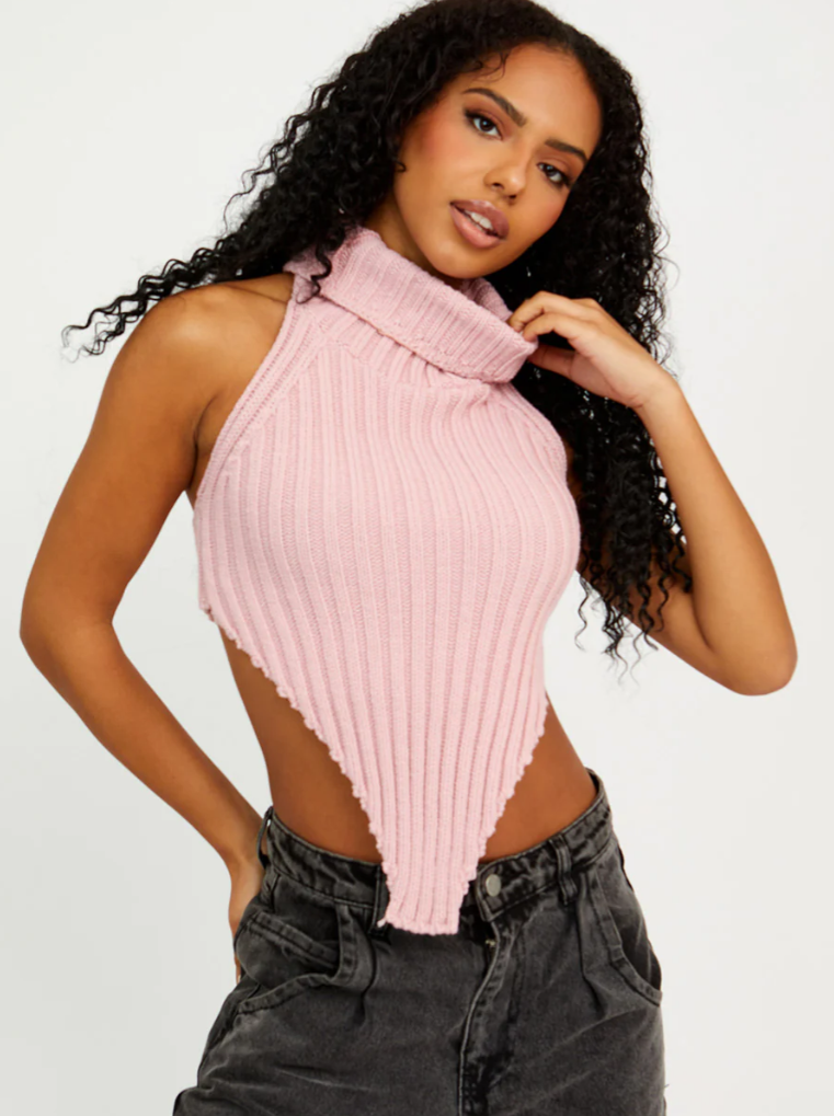 Halter Roll Neck Asymmetric Hem Knitted Crop Top