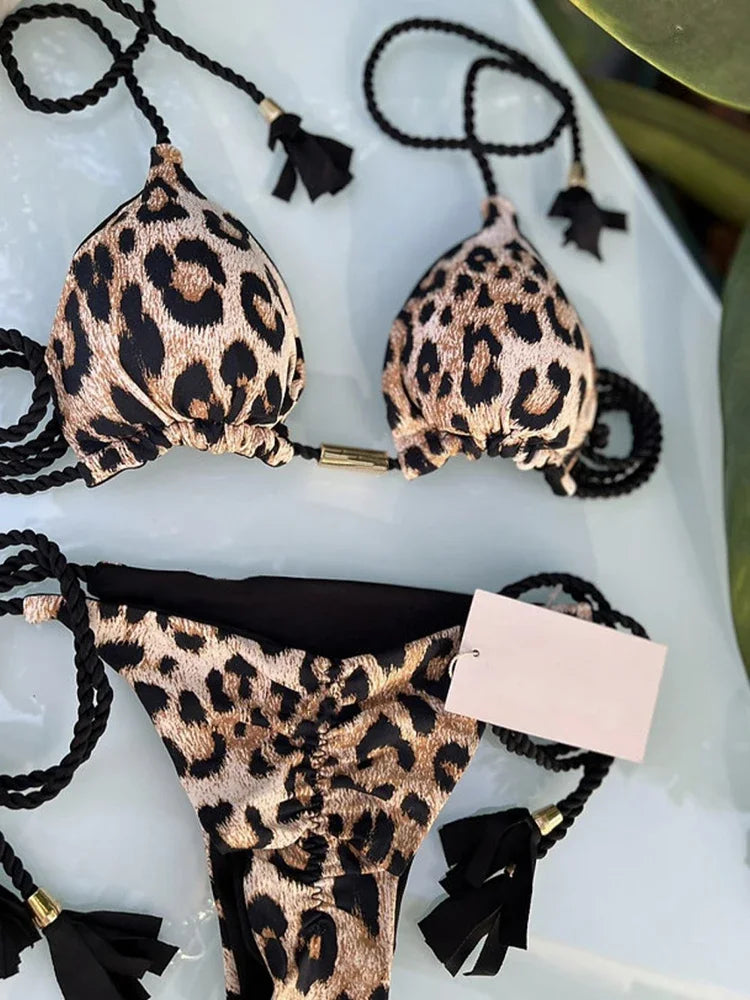 Triangle Leopard Print Thong Bikini Sets