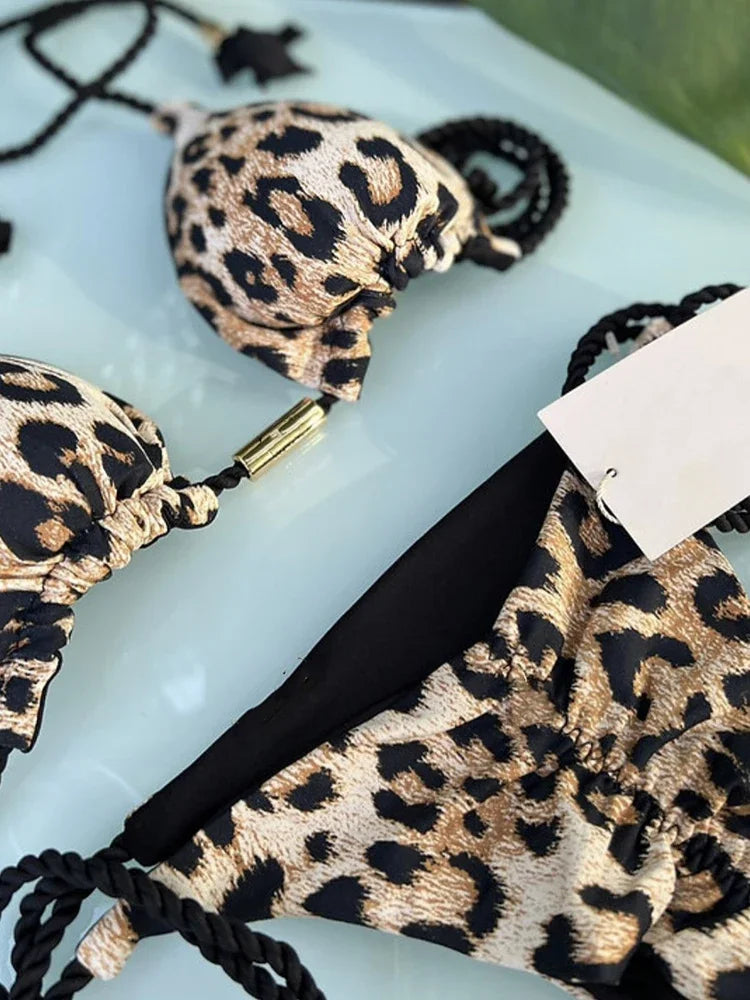 Triangle Leopard Print Thong Bikini Sets