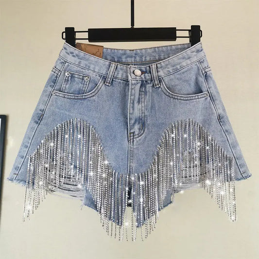 High Waist Diamond Tassel Denim Shorts Shorts