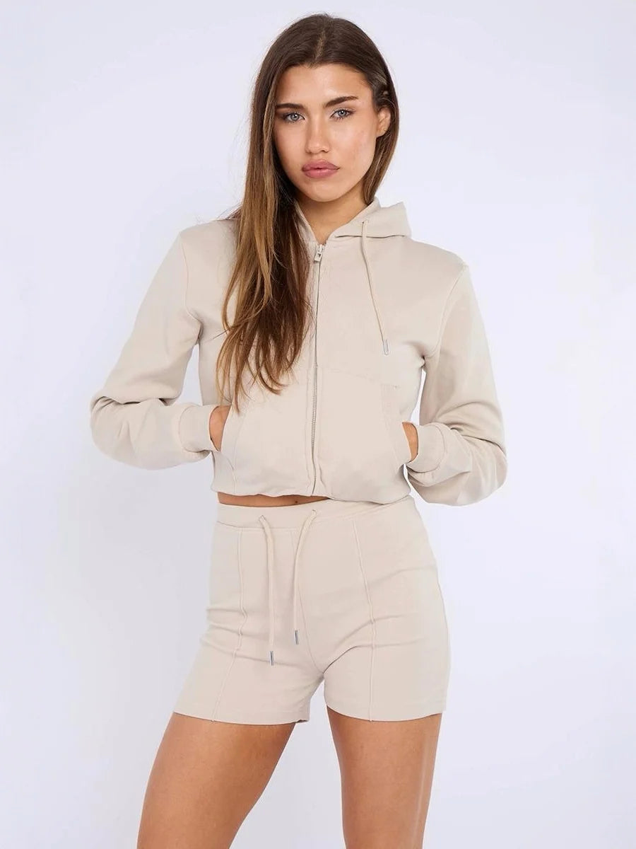 Zipped Hooded Crop Top & Seam Detail Shorts Fleece Co-ord