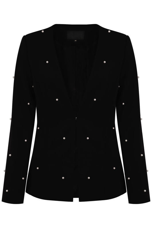 Pearls Trim Lapel-Less Black Blazer