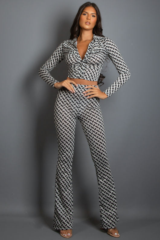 White Chain Print Lurex Shirt & Trouser Set