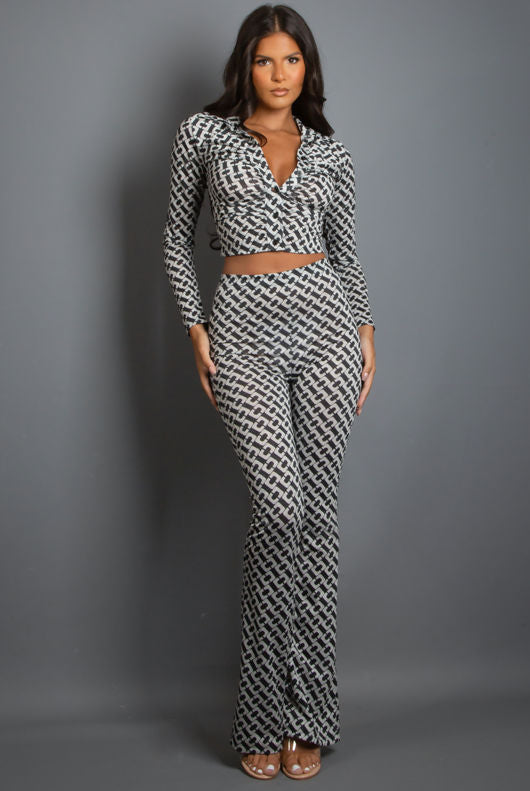 White Chain Print Lurex Shirt & Trouser Set