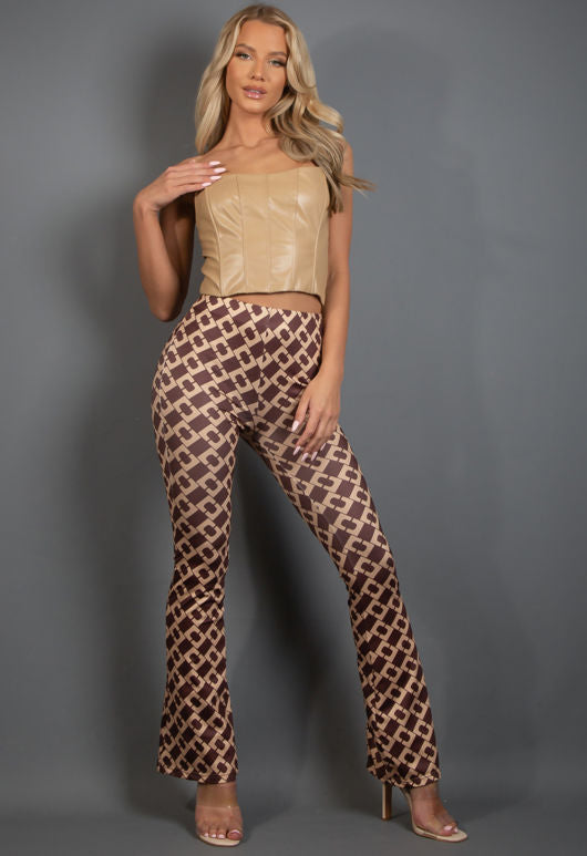 Chain Print Flare Trousers - Camel / S/M - Camel / M/L