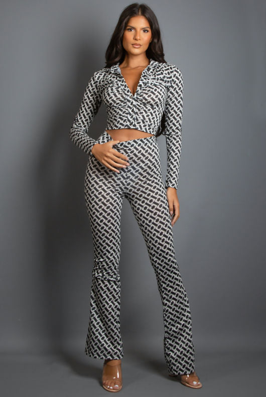 White Chain Print Lurex Shirt & Trouser Set