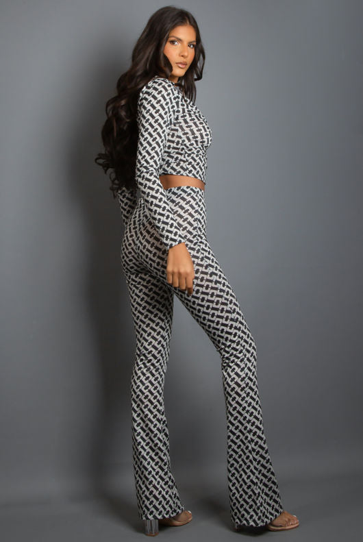 White Chain Print Lurex Shirt & Trouser Set