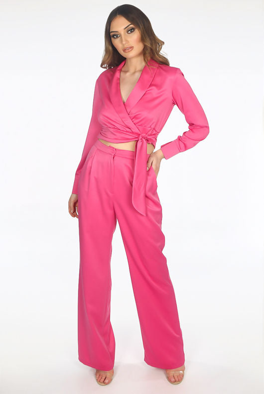 Satin Cropped Blouse and Trouser Set In Fuchsia