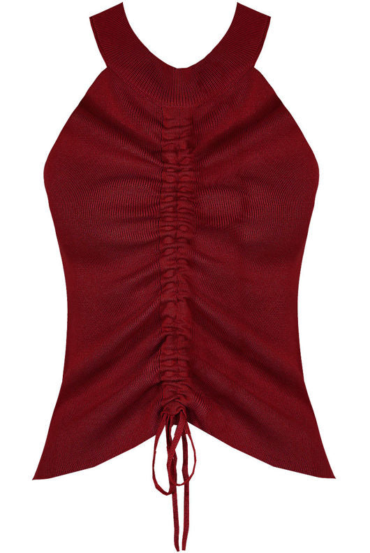 Wine Front Ruched High Neck Knitted Top