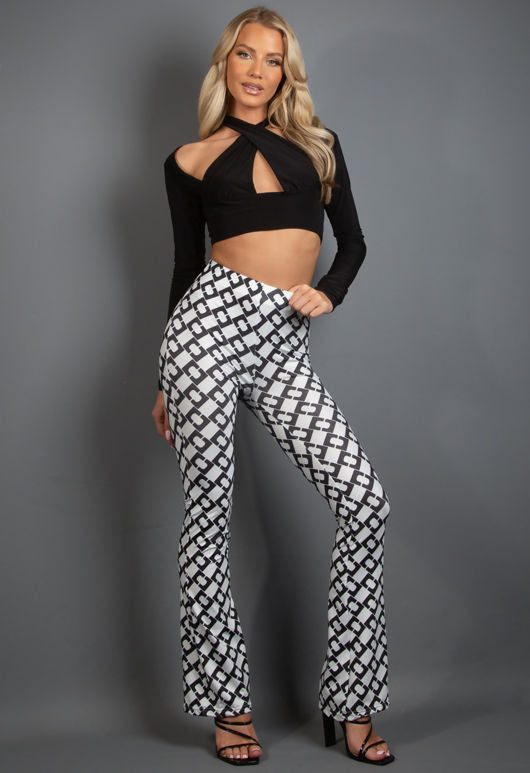 Chain Print Flare Trousers - White / S/M - White / M/L