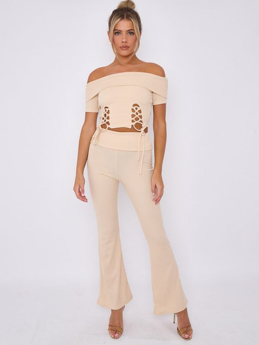 Lace Up Ribbed Bardot Top & Fold Over Flared Trouser Co-ord