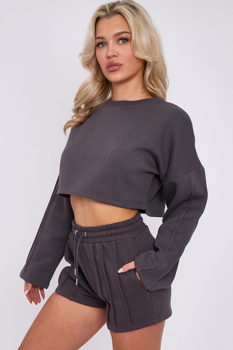 Seam Detail Oversized Crop Top & Shorts Fleece Co-ord