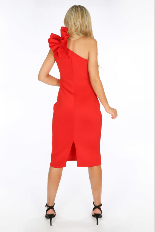 Red Neoprene One Shoulder Frill Trim Dress