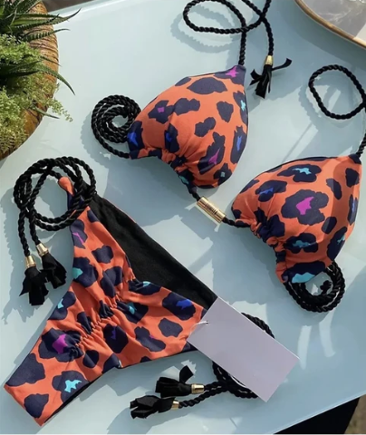 Triangle Leopard Print Thong Bikini Sets