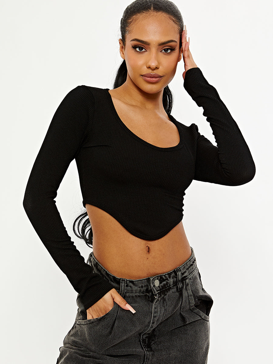 Woven Ribbed Asymmetric Hem Long Sleeves Crop Top