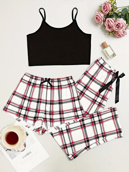 Cute Three Piece Plaid Print Pyjama Set