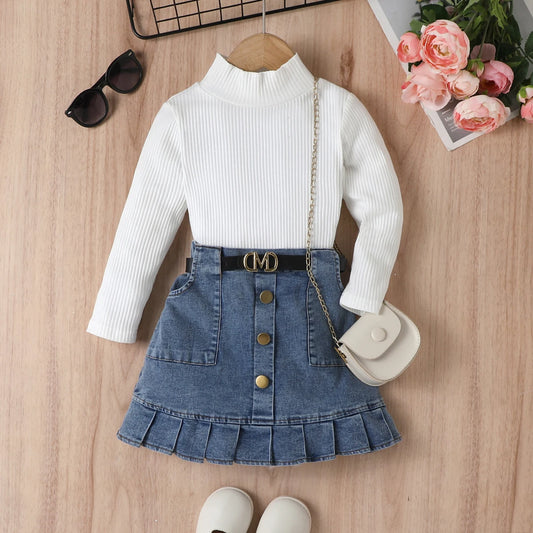 Girls Ribbed High Neck Long Sleeved Top With Denim Pleated Skirt And Belt