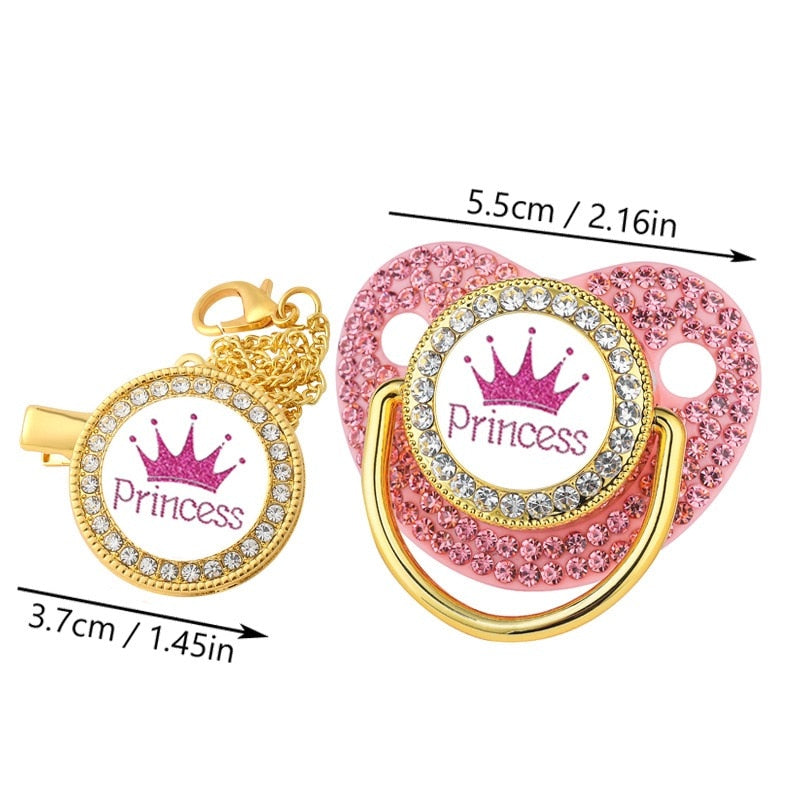 Luxury Rhinestone Crown Pacifier Clip Chain Baby Set