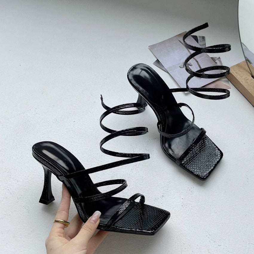 Cross Tie Ankle Square Toe Heeled Sandals