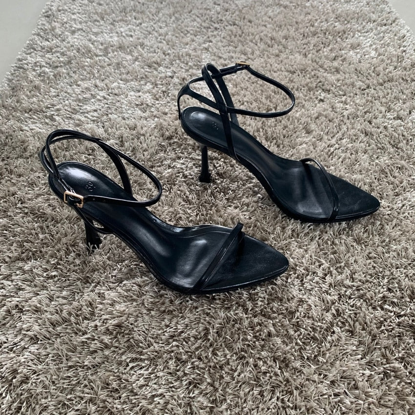 Plain Black Ankle Strap Heeled Sandals