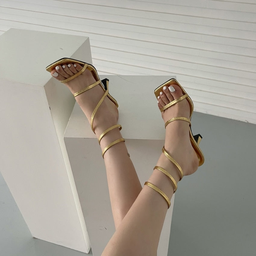 Cross Tie Ankle Square Toe Heeled Sandals