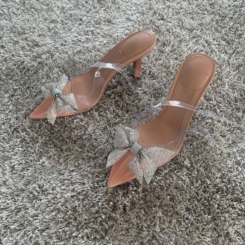 Transparent Bow Rhinestone Pointed Toe Heels