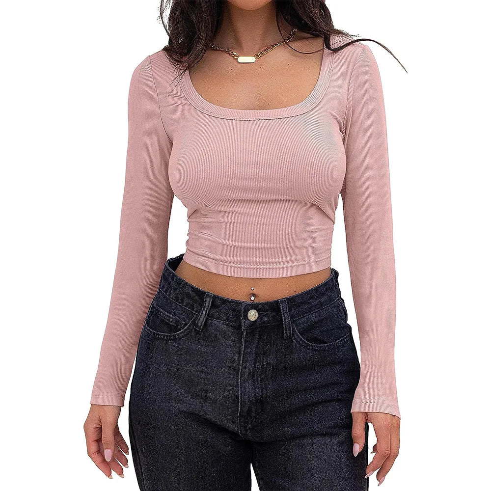 Ribbed Long Sleeve Square Neck Crop Top